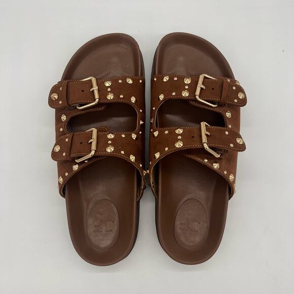 Just Fab Quinn Flatform Slide Sandal Womens Size 7.5 Brown Faux Suede Studded - Picture 2 of 9